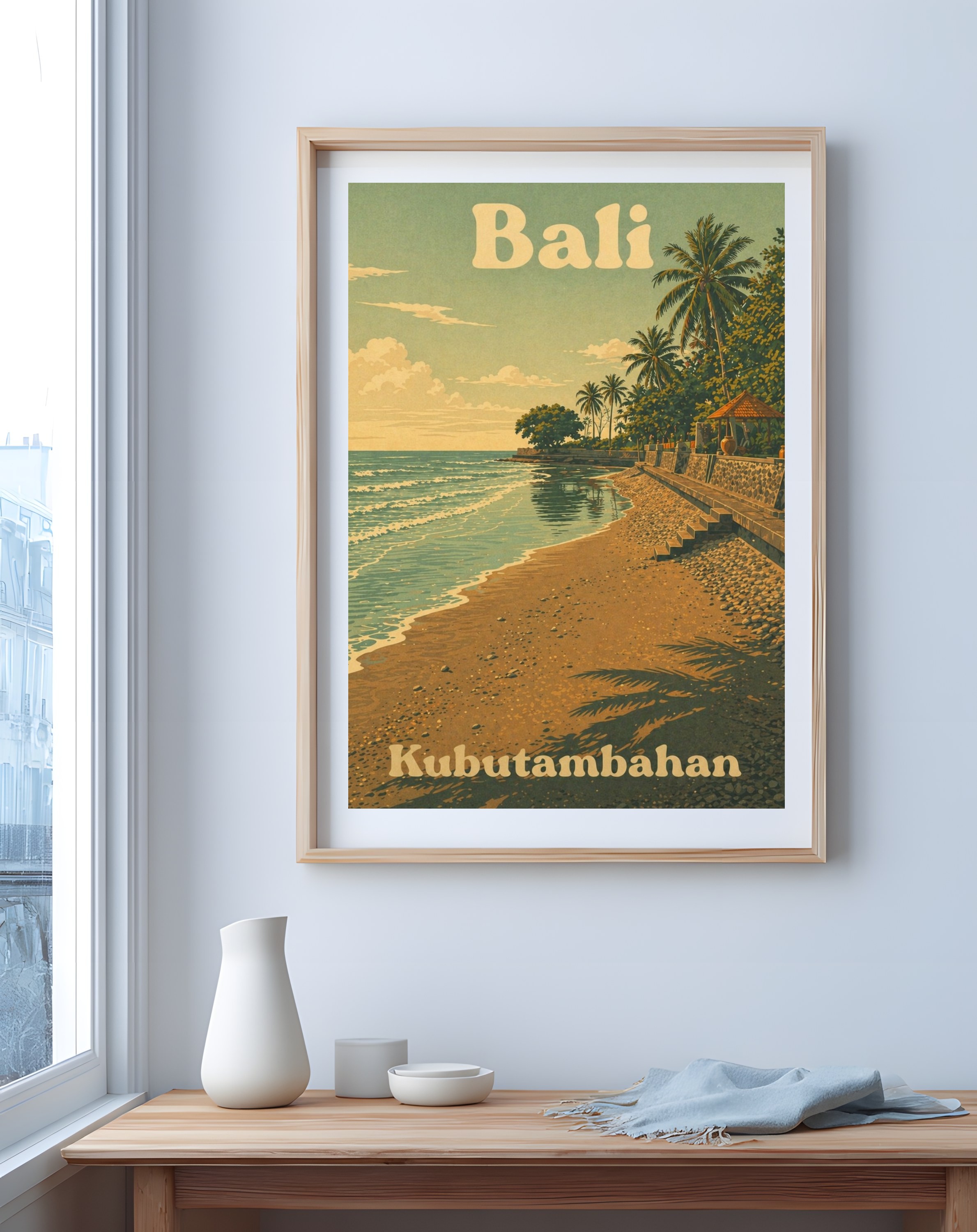 Kubutambahan in an oak frame on a warm shelf